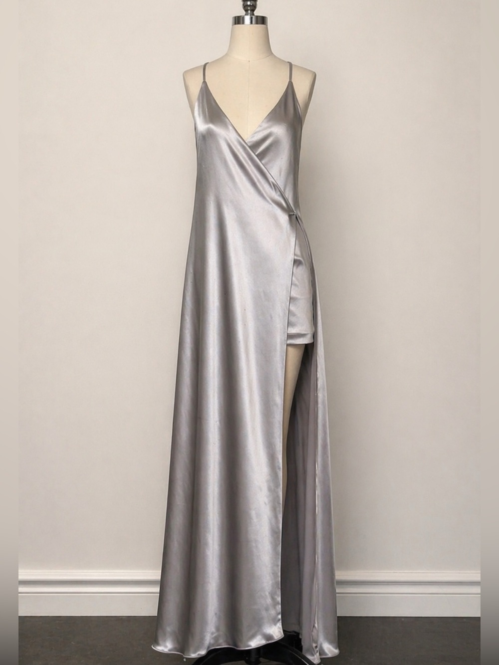 Halston Heritage Silver Satin Wrap Slip Gown